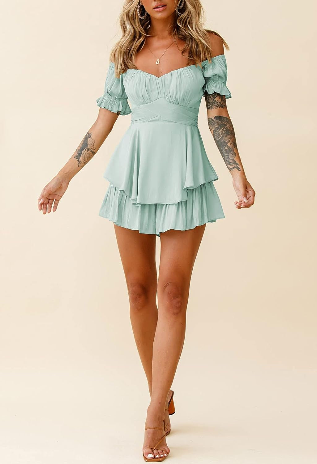 Women Boho Romper off Shoulder Ruffle Chiffon Shorts Jumpsuit Playsuits