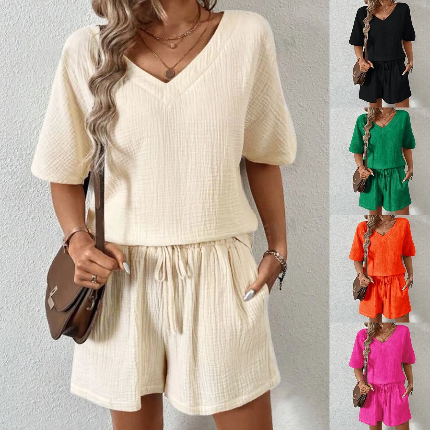 Fashion Casual Suit 2 Piece Sets Women'S Solid Color Summer Shorts and Short Sleeve Shirts Tops Two Piece Sets Linen Pants Sets