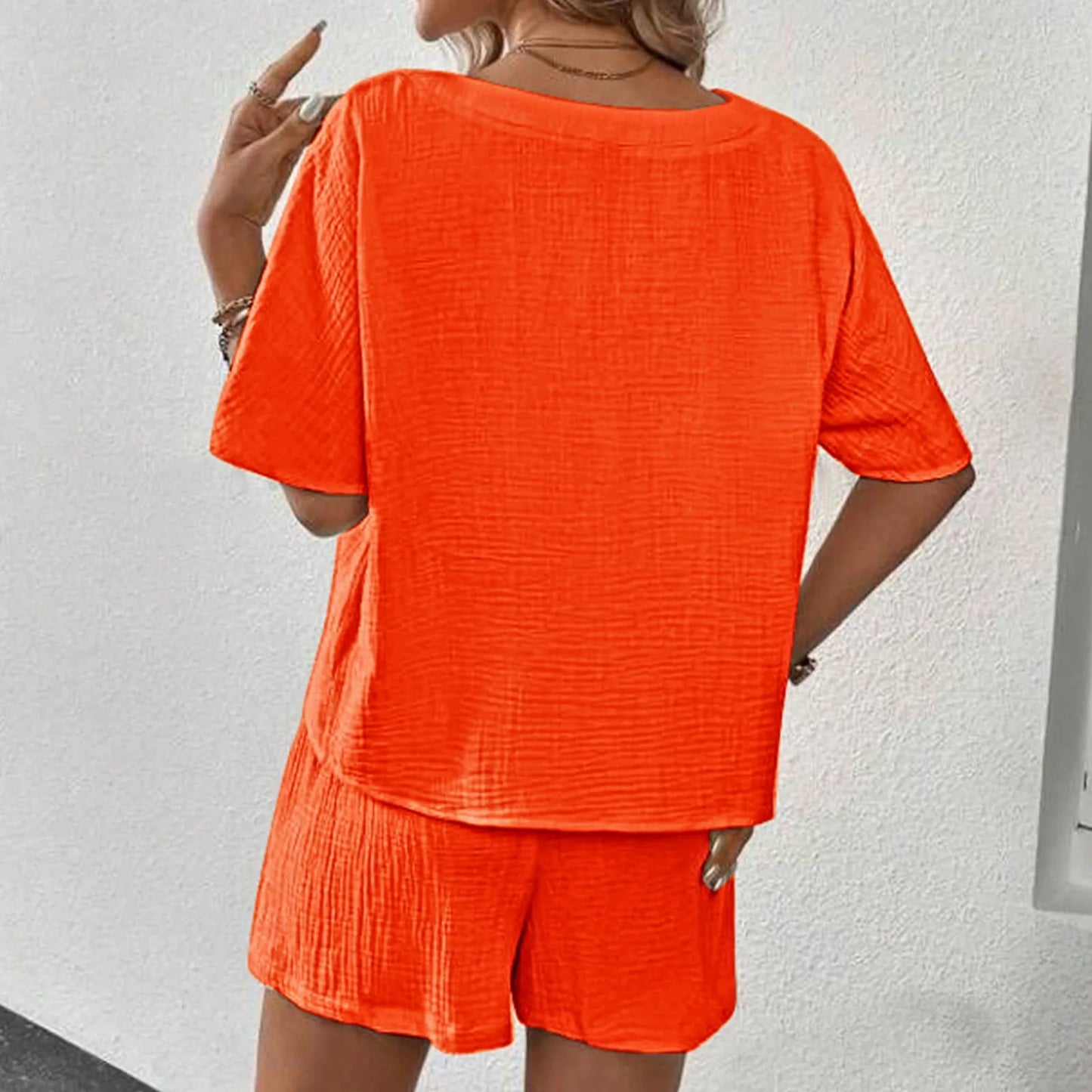 Fashion Casual Suit 2 Piece Sets Women'S Solid Color Summer Shorts and Short Sleeve Shirts Tops Two Piece Sets Linen Pants Sets