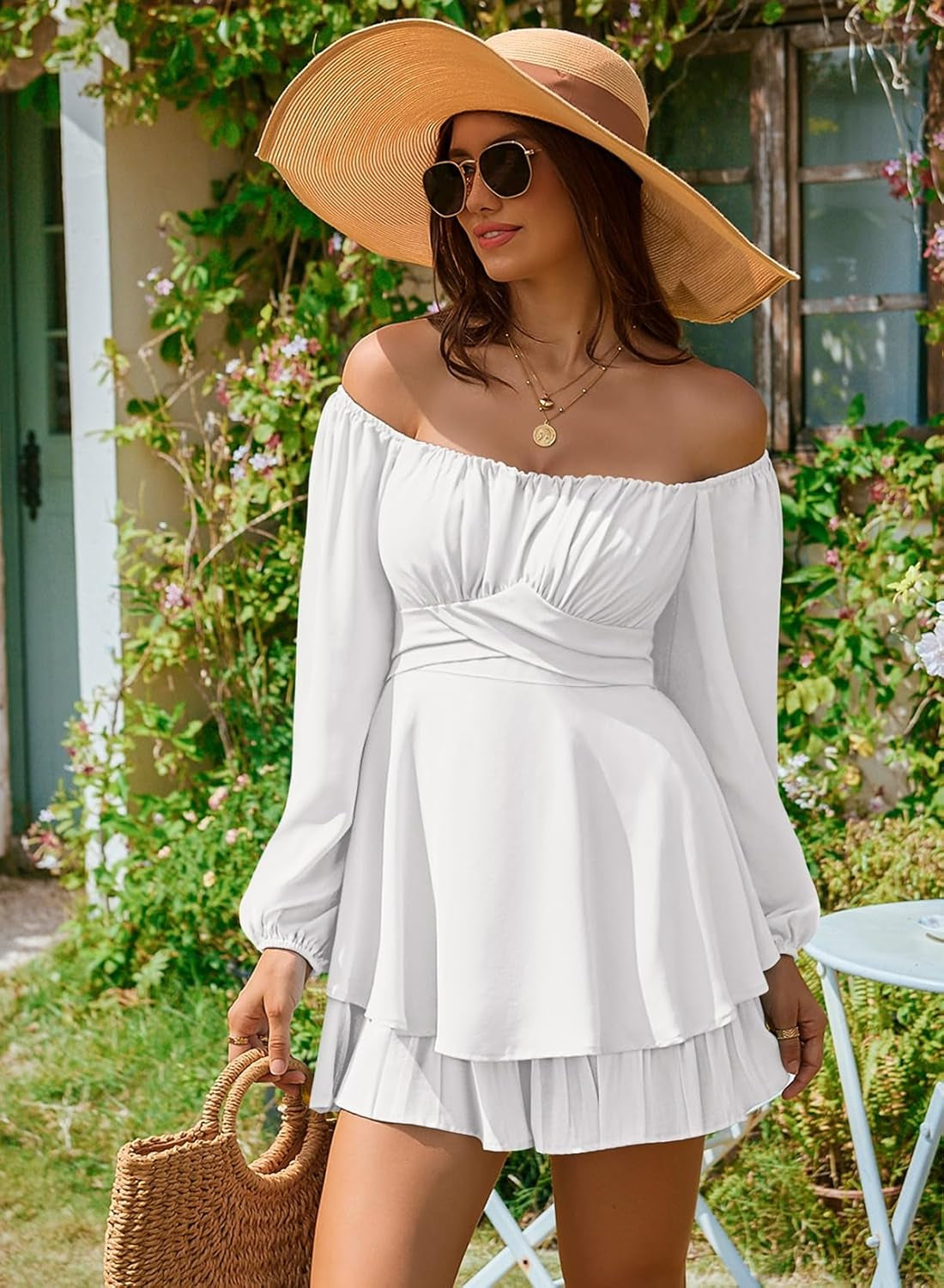 Womens Ruffle Long Sleeve Short Rompers Sexy Layered Tie Waist Chiffon One Piece Outfits Solid Jumpsuit