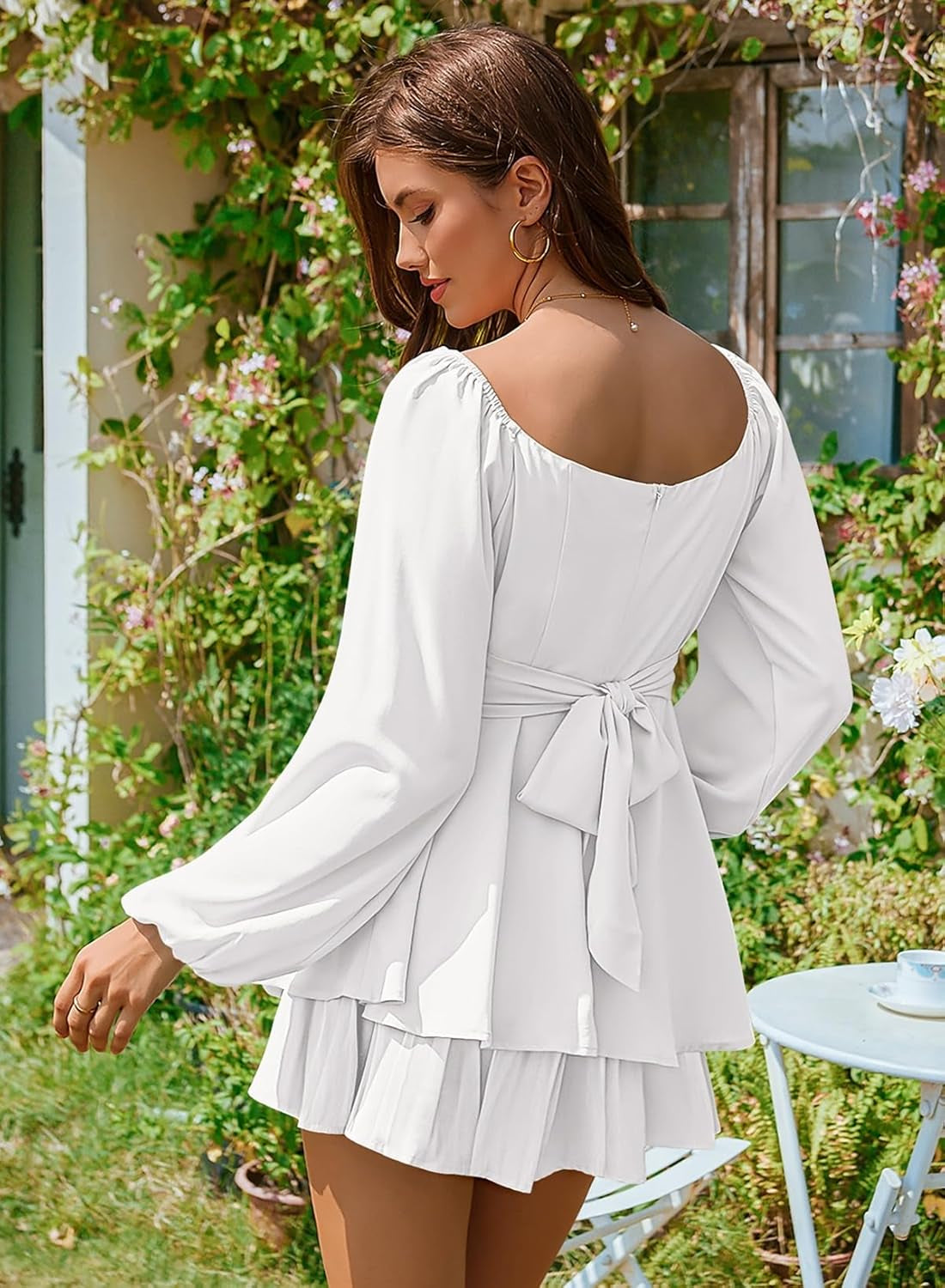 Womens Ruffle Long Sleeve Short Rompers Sexy Layered Tie Waist Chiffon One Piece Outfits Solid Jumpsuit
