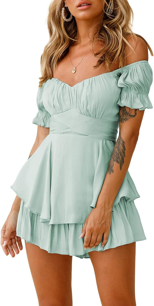 Women Boho Romper off Shoulder Ruffle Chiffon Shorts Jumpsuit Playsuits