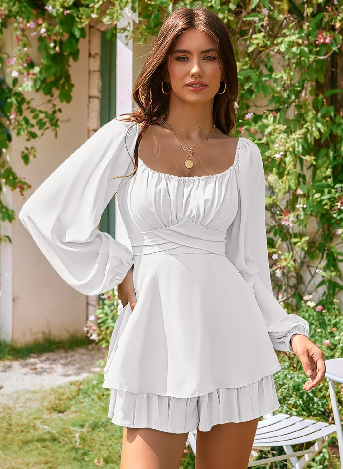 Womens Ruffle Long Sleeve Short Rompers Sexy Layered Tie Waist Chiffon One Piece Outfits Solid Jumpsuit