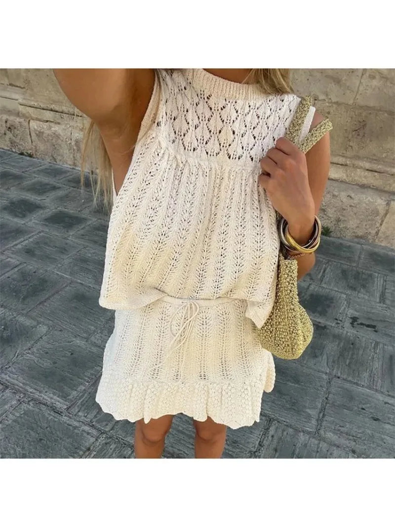 Women Knit Mesh Jacquard Skirts Sets Hollow Out O-Neck Sleeveless Vest A-Line Short Skirts Two Piece Sets Female Summer Outfit