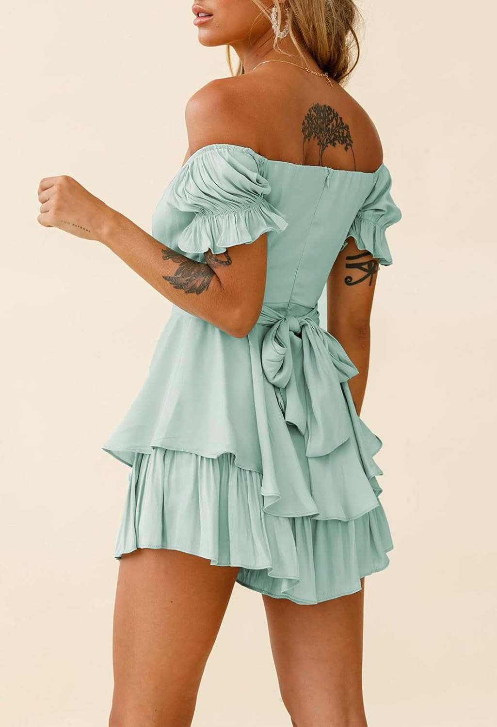 Women Boho Romper off Shoulder Ruffle Chiffon Shorts Jumpsuit Playsuits