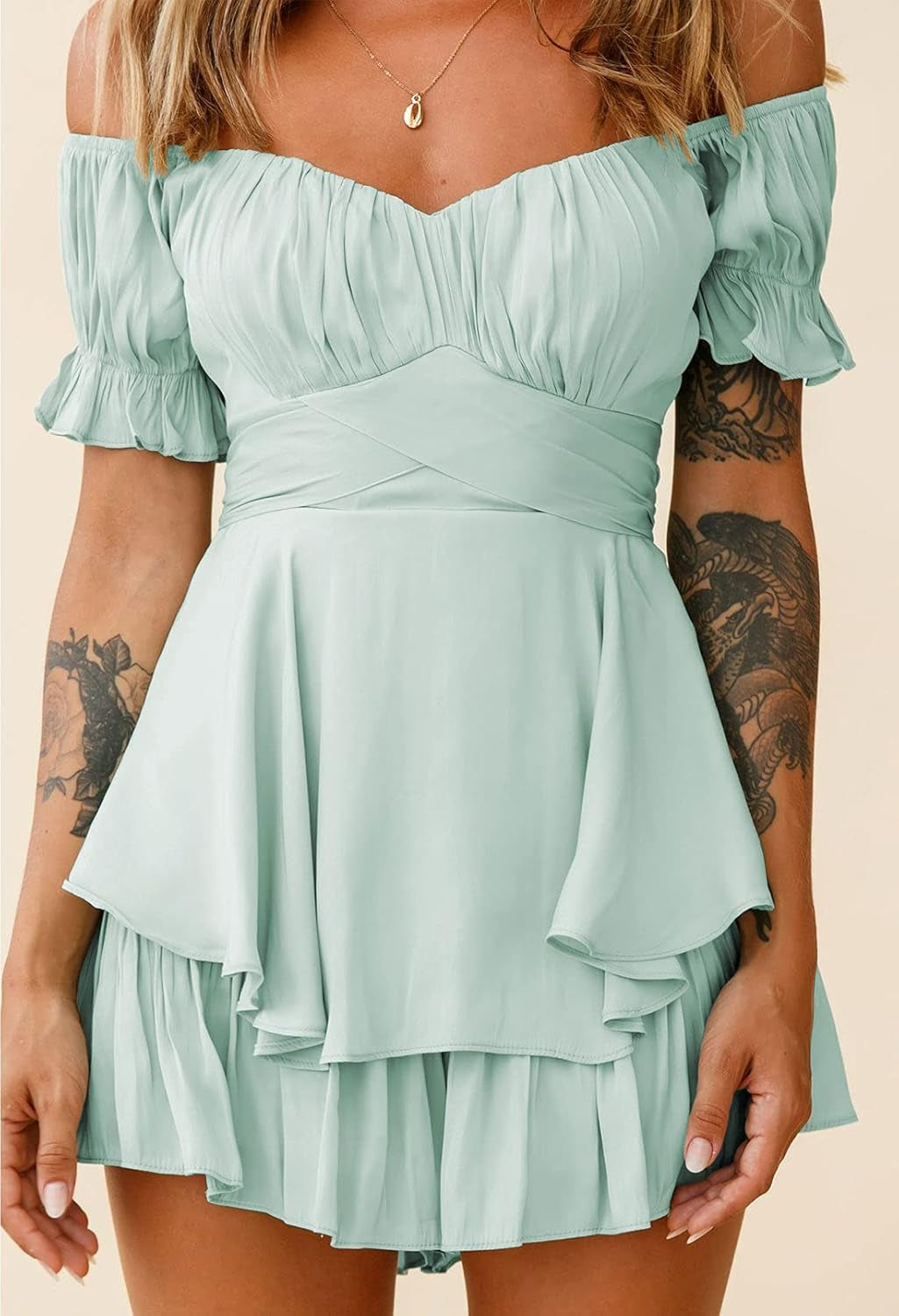 Women Boho Romper off Shoulder Ruffle Chiffon Shorts Jumpsuit Playsuits