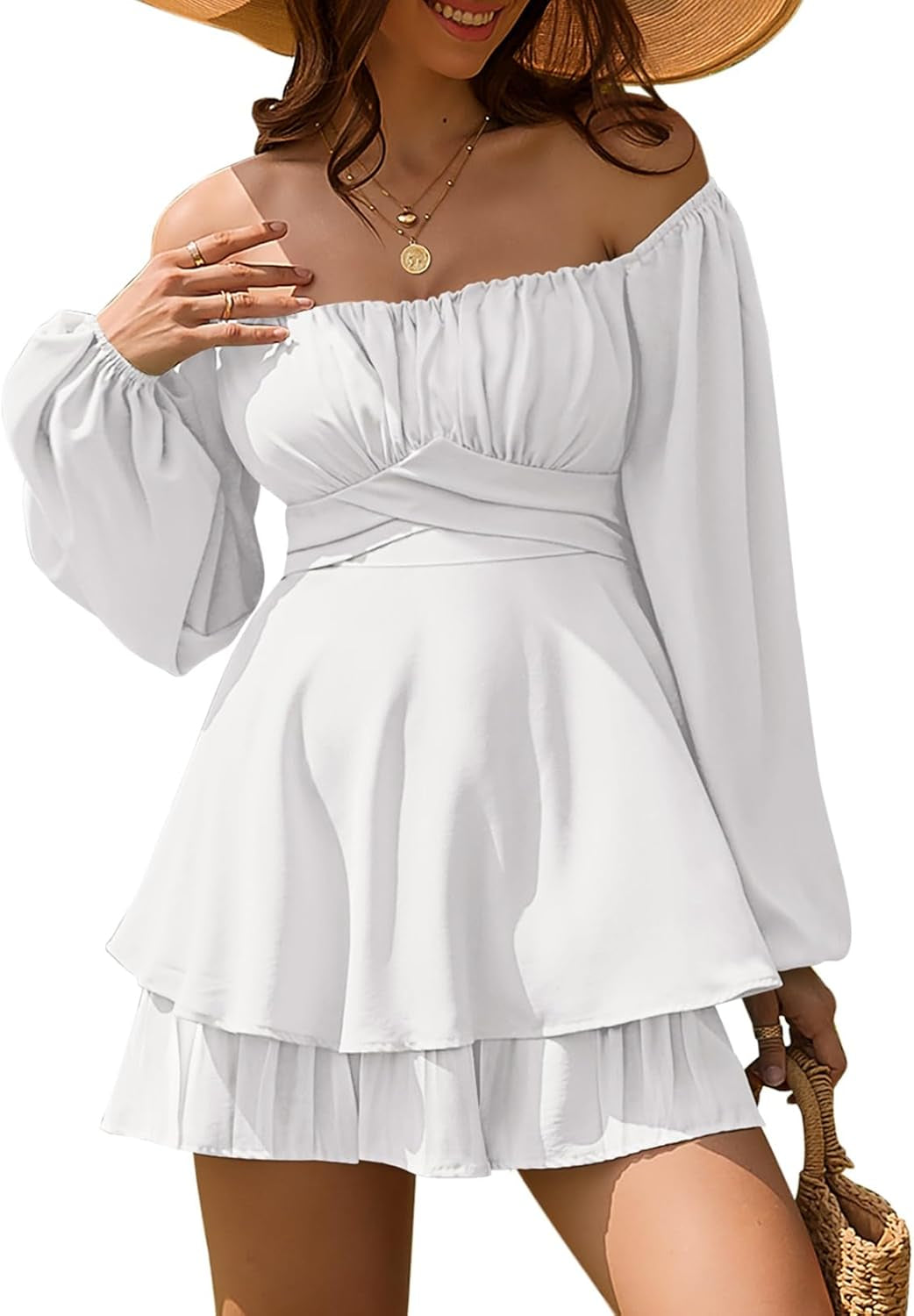 Womens Ruffle Long Sleeve Short Rompers Sexy Layered Tie Waist Chiffon One Piece Outfits Solid Jumpsuit