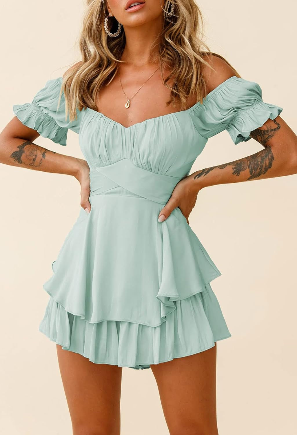 Women Boho Romper off Shoulder Ruffle Chiffon Shorts Jumpsuit Playsuits