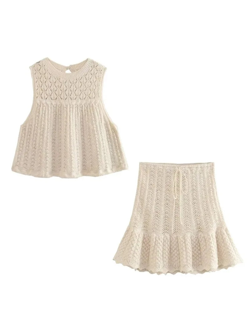 Women Knit Mesh Jacquard Skirts Sets Hollow Out O-Neck Sleeveless Vest A-Line Short Skirts Two Piece Sets Female Summer Outfit